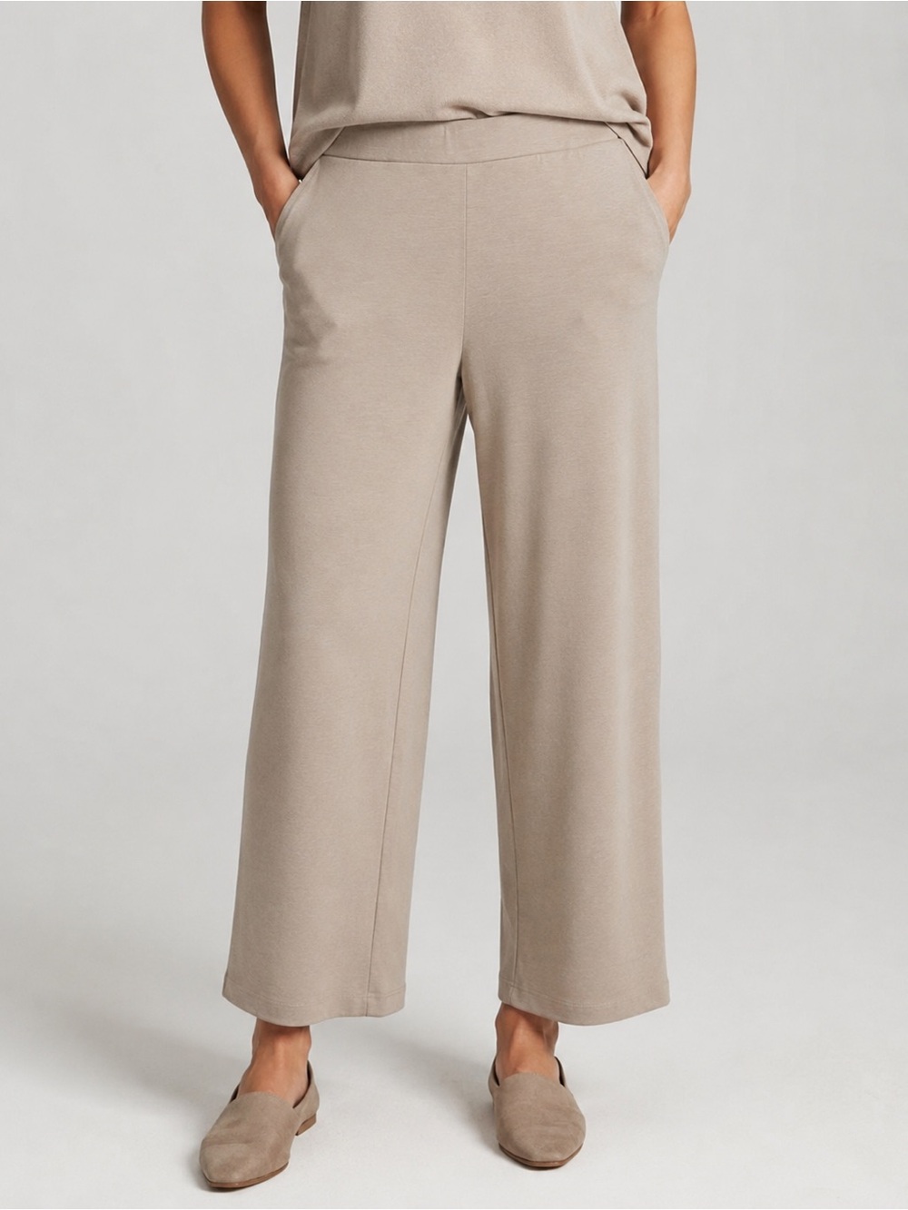 Eileen Fisher Organic Cotton Blend Wide Leg Crop Pants | Taupe Pull-On Knit XL